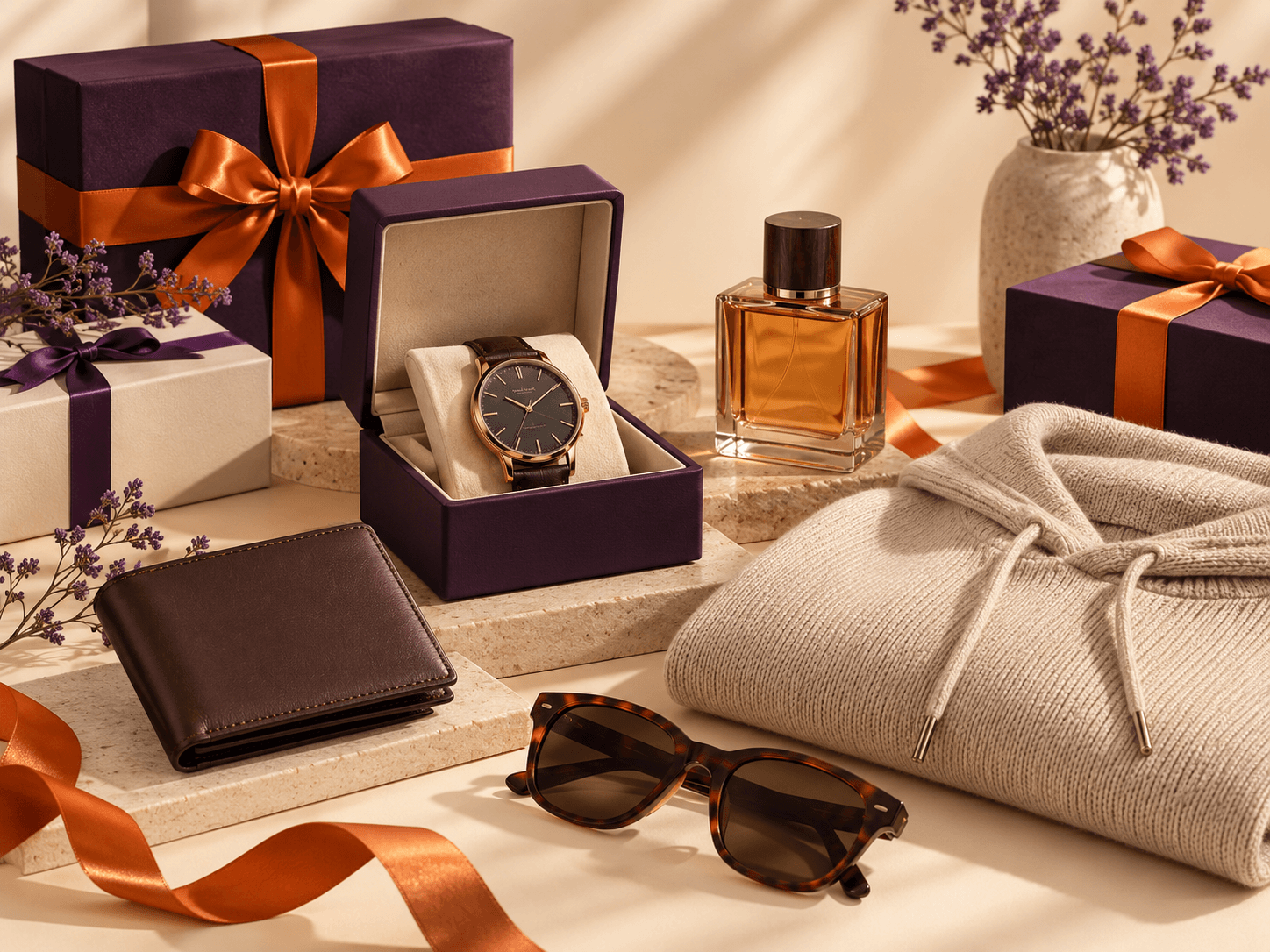 Gift boxes with a watch, fragrance, clothing and accessories